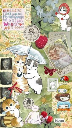 an altered collage with cats, berries and other things on it's surface