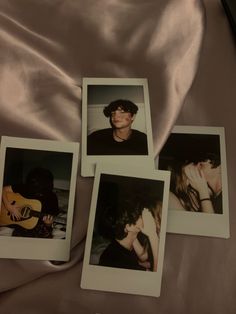 four polaroid photos of two people kissing and one is holding a guitar in front of them