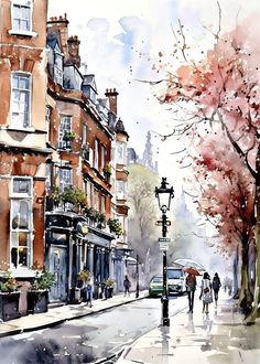 watercolor painting of people walking down the street