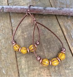 Copper Light, Czech Glass Jewelry, Turquoise Hoop Earrings, Boho Style Earrings, Glass Drop Earrings, Yellow Jewelry, Hippie Earrings, Yellow Earrings, Beaded Anklets