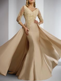 Sheath / Column Mother of the Bride Dress Formal Wedding Guest Elegant V Neck Floor Length Satin Lace 3/4 Length Sleeve with Appliques 2023 2023 - US $140.39 Dress Formal Wedding Guest, Dramatic Entrance, Formal Wedding Guests, Embroidered Bodice, Classy Style, Dresses 2020, Mermaid Gown, Mother Of The Bride Dress, Dress Formal