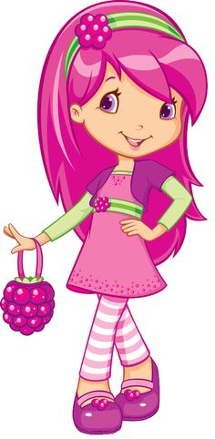 a cartoon girl with pink hair holding a purse