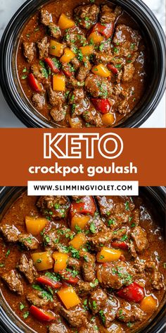 keto crockpot goulash with potatoes and peppers in a black bowl