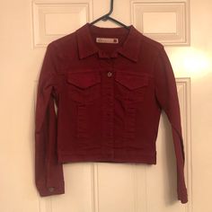 Beautiful Never Worn Brick Colored Denim Jacket Casual Red Denim Outerwear, Fitted Red Denim Jacket With Long Sleeves, Red Denim Jacket With Pockets For Spring, Red Fitted Denim Jacket, Red Fitted Denim Jacket Casual, Fitted Red Denim Jacket, Red Fitted Casual Denim Jacket, Casual Red Denim Jacket For Spring, Fitted Red Denim Jacket Casual