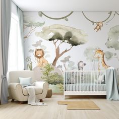 a baby's room with a crib, chair and wall mural