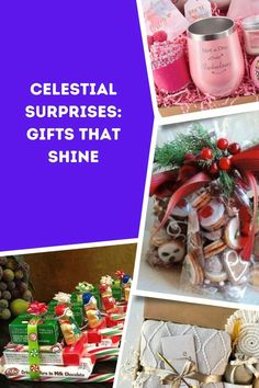 several pictures with different items in them and the words, celestial surprise gifts that shine