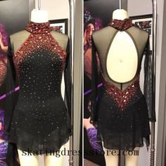 two mannequins dressed up in black and red dresses with sequins on them