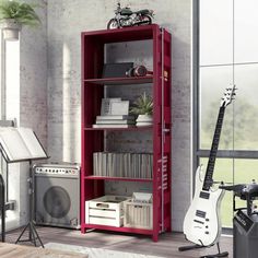 a red bookcase with guitars and other musical instruments in it next to a window