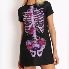 Blackmilk “Creeper Ribs Pastel Swing Tee Dress“ Size Medium Brand New In Bag With Tags, Nwt Sold Out Limited Edition From Blackmilk Clothing. Comfy Flattering Black Tee Dress With Graphic Print Front And Back Of A Gorgeous Purple Skeleton, Flowers And Snakes. Manufacturer’s Details: When Skeletal Ribs Just Aren’t Creepy Enough, Go Ahead And Throw Some Pink Roses And Entwined Snakes In There. Perfect. Made From Our Crazy Comfy Tee Fabric Relaxed, Slightly A-Line Fit Pockets For Snacks Composition Black Short Sleeve Mini Dress For Halloween, Fitted Purple Pastel Goth Dresses, Fitted Pastel Goth Purple Dresses, Fitted Skull Print Dress For Spring, Fitted Skull Print Dresses For Spring, Spring Fitted Dress With Skull Print, Black Pastel Goth Dress For Halloween, Pastel Goth Black Dress For Halloween, Casual Skull Print Dresses For Spring