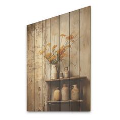 an old wooden wall with vases and flowers on the shelf in front of it