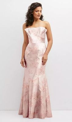 Floral Strapless Satin Fit And Flare Bridesmaid Dress With Crumb-catcher Bodice In Bow And Blossom Print | The Dessy Group Flared Bridesmaid Dresses, Glam Gown, Skirt Draping, Dessy Collection, Alfred Sung, Blossom Print, Custom Dresses, Fabric Swatches, Fit And Flare Dress