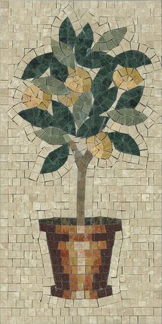 a potted plant on a mosaic tile background