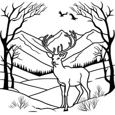 a deer standing in the middle of a forest with trees and birds flying above it