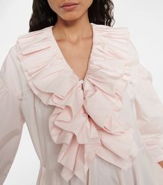 Ruffle Trimmed Midi Dress in Pink - Jil Sander | Mytheresa Feminine Spring Ruffle Midi Dress, Feminine Spring Midi Ruffle Dress, Daywear Midi Dress With Ruffle Sleeves, Ruffle Sleeve Midi Dress For Daywear, Feminine Midi-length Ruffle Dress For Spring, Chic Voluminous Pink Dress, Feminine Ruffled Midi Dress For Daywear, Feminine Midi Dress With Ruffle Sleeves For Daywear, Feminine Midi Dress With Ruffle Sleeves