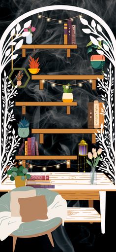 the room is decorated with books, plants and other things on shelves in front of a fireplace