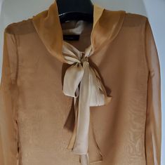 Two-Tone Sheer Beige Dressy Blouse With Self Tie; Fits Like A 6. This Is Truly A Bargain! Never Worn Elegant Brown Top For Work, Beige Formal Tops For Fall, Elegant Brown Tops For Evening, Classic Beige Top For Party, Elegant Brown Blouse For Spring, Fitted Beige Top For Formal Occasions, Formal Fitted Beige Top, Elegant Brown Formal Blouse, Elegant Formal Brown Blouse