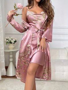 2pcs Women Elegant Floral Leaf Printed Silky Robe & Nightgown Set, Loose Belted Long Robe & Spaghetti Strap Short Dress, Casual Comfortable Sleepwear Set Pink Elegant  Long Sleeve,Sleeveless Satin Plain,Plants Robe Sets Slight Stretch All Women Sleep & Lounge, size features are:Bust: ,Length: ,Sleeve Length: Long Sleeve Satin Sleepwear For Spring, Pink Summer Night Robe, Feminine Long Sleeve Party Sleepwear, Long Sleeve Satin Dress For Loungewear, Pink Spring Night Robe, Pink Long Sleeve Nightgown For Nighttime, Pink Long Sleeve Nightgown, Summer Long Sleeve Nightgown For Wedding Night, Summer Wedding Night Long Sleeve Nightgown