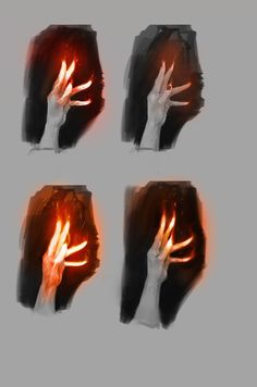 four different images of hands holding something in the air with flames coming out of them