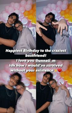 two people standing next to each other in front of balloons with the caption happy birthday to the craziest boyfriend