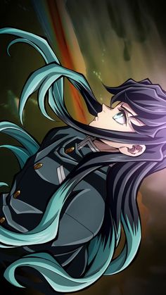 an anime character with long blue hair and black outfit, holding her head to the side