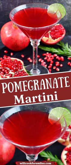 pomegranate martini with garnish and lime on the rim in front of it