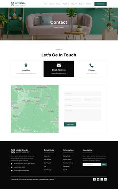 the homepage for an interior design firm, with green walls and furniture on it