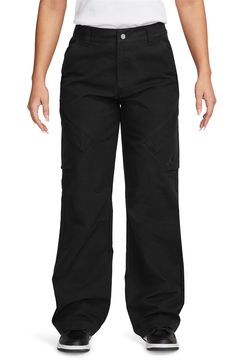 Diamond-shaped cargo pockets bring added utility to these durable cotton twill pants outfitted with knee darts for added structure. 31 1/2" inseam; 21" leg opening; 12" front rise; 15" back rise (size Medium) Zip fly with button closure Front slant pockets; back welt pocket; cargo flap-patch pockets 100% cotton Machine wash, line dry Imported Nordstrom x Nike: A curated lifestyle destination where fashion is the ultimate sport Nike Full-length Bottoms With Pockets, Nike Long Bottoms With Pockets, Techwear Full-length Work Pants With Cargo Pockets, Black Nike Cargo Pants With Pockets, Black Nike Cargo Pants With Side Pockets, Nike Cotton Pants For Streetwear, Nike Full Length Cotton Bottoms, Nike Full-length Cotton Bottoms, Full Length Cotton Nike Bottoms