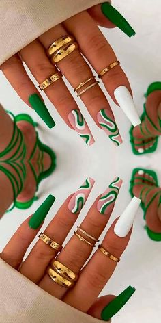 Medium Length Coffin Shaped Green Stripes Press on Nails Small Nails Color Ideas, Nail Art Long Coffin, Double Nails Design, Cute Nail Designs Long Nails, Trendy Nails Coffin Long, Nail Art Long Nails Coffin, Spring Acrylic Nail Designs Coffin, Simple But Effective Nails, Nail Ideas Full Color