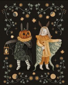 two rabbits dressed in costumes standing next to each other with pumpkins on their heads