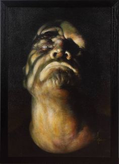 a painting of a man's face with his eyes closed and one eye open