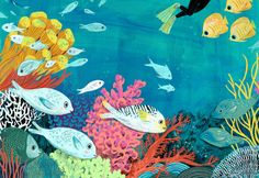 an underwater scene with fish and corals