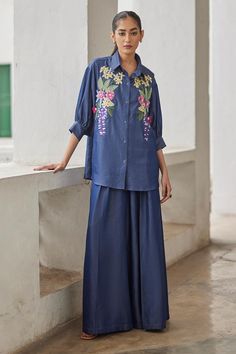 Buy Betrue Blue Denim Tencel Embroidered Oversized Shirt Online | Aza Fashions Blue Oversized Shirt, Oversized Shirt For Women, Floral Denim, Sequins Embroidery, Floral Shirt, Shirt Collar, Oversized Shirt, Denim Blue, Button Placket