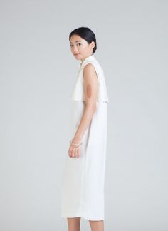 KAAREM - Dill High Collar Dress - White White Midi Dress With Pleated Back, White Sleeveless Pleated Dress, Chic High Neck Dress For Daywear, Chic High Neck Daywear Dresses, Chic High Neck Day Dresses, Chic High Neck Midi Dress For Daywear, Chic White Midi Dress With Pleated Back, Formal Midi Dress With Cape Sleeves For Summer, Formal Summer Midi Dress With Cape Sleeves