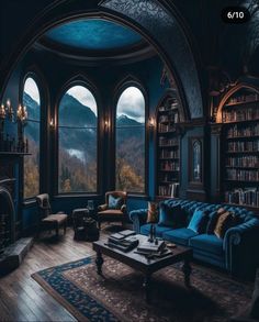 a living room filled with furniture next to a window covered in bookshelves and a fire place