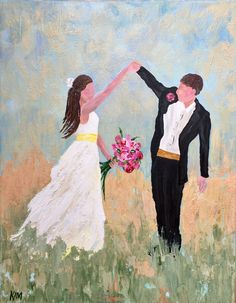 a painting of a bride and groom holding hands in a field with flowers on the grass