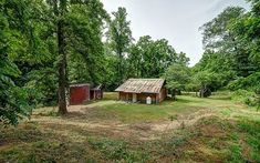 a small cabin in the middle of a wooded area with trees and grass around it