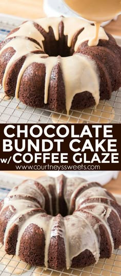 chocolate bundt cake with coffee glaze is on a cooling rack and has been cut into pieces