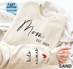 Mom Established Shirt, Crew Neck Cotton Hoodie For Mother's Day, Crew Neck Cotton Hoodie, White Cotton Hoodie With Name Print, Cotton Sweatshirt With Name Print, White Cotton Hoodie For Mother's Day, White Cotton Sweatshirt For Mother's Day, Mother's Day Cotton Sweatshirt With Letter Print, Girl Mom Shirt