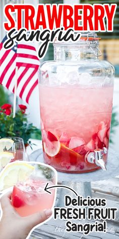 a person holding a drink in front of a large jar filled with ice and lemons