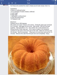 a bundt cake sitting on top of a metal platter next to a recipe