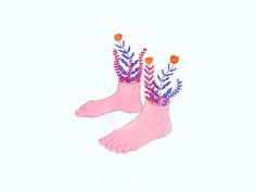 two pairs of feet with flowers growing out of them, against a light blue background