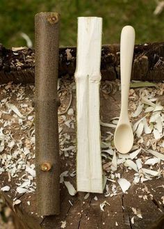 two wooden spoons are sitting next to some wood shavings on a tree stump