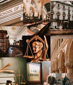 a collage of photos with books and law related items in the middle one has a lady justice statue