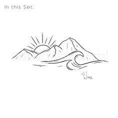 an ink drawing of mountains with the sun in the sky above them and text that reads,