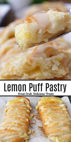 the lemon puff pastry is being held by a spoon