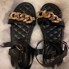 Nwt. Size 11. Padded Footbed Flat Sandals With Chain Strap And Synthetic Material, Synthetic Sandals With Chain Strap And Round Toe, Casual Black Sandals With Chain Strap, Black Synthetic Sandals With Chain Strap, Blue Low Heels, Tan Strappy Sandals, Cognac Sandals, Summer Sandals Flat, Strappy Platform Sandals