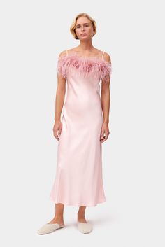 Light pink slip dress | Dress with feathers | Boheme party dress – Sleeper Pink Feather Dress, Wedding Dress With Feathers, Slip Wedding Dress, Dress With Feathers, Dust Pink, Pink Slip Dress, Loungewear Luxury, Midi Slip Dress, Feather Trim