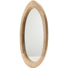 an oval wooden mirror on a white background