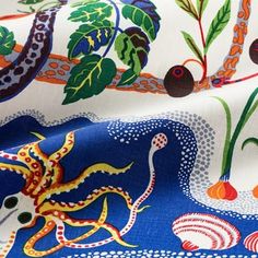 an octopus and other sea creatures on a blue background