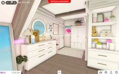 a virtual view of a bedroom with white furniture and pink accents on the walls,